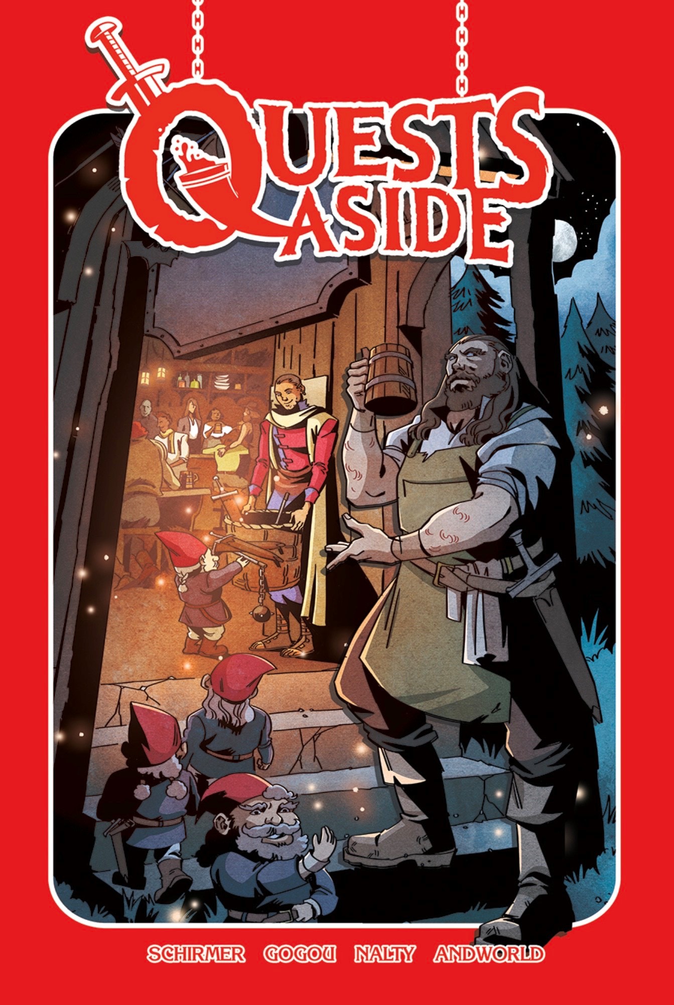 Comic drawing of Brian Schirmer as a pub owner with gnomes.