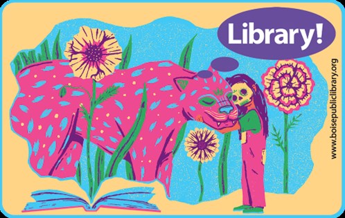 Library card artwork option, colorful drawing of large feline with latinx/e styled skull-faced person emerging from a book.