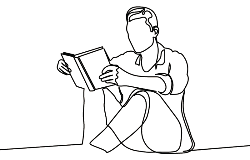 Illustration of a man reading a book and sitting on the ground.