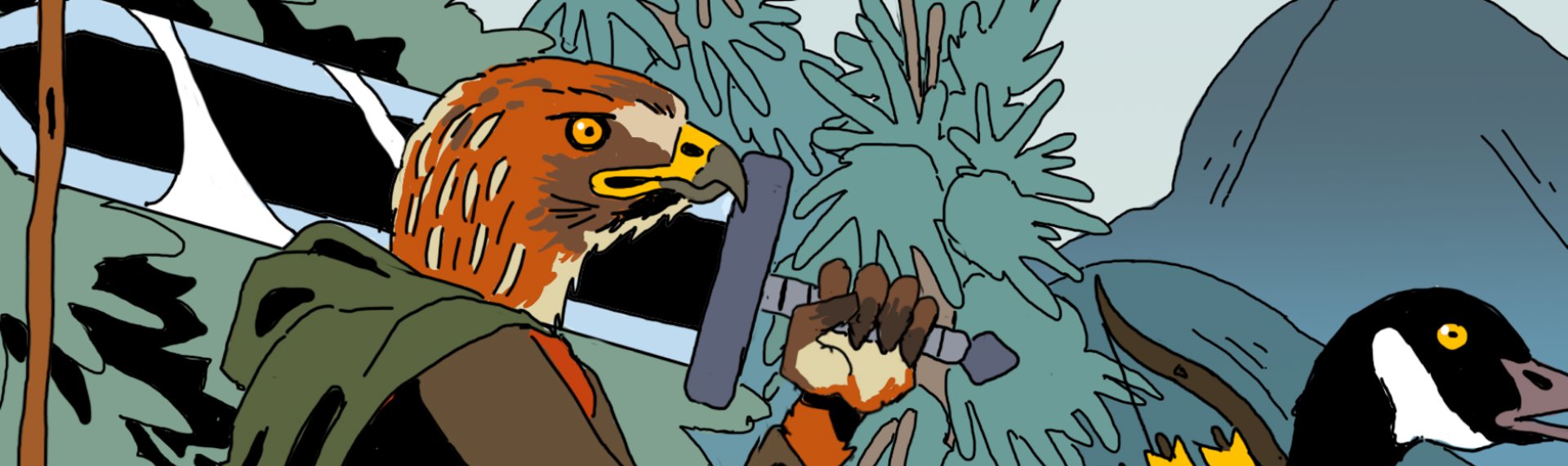 Illustration of fierce bird with sword propped against their shoulder.
