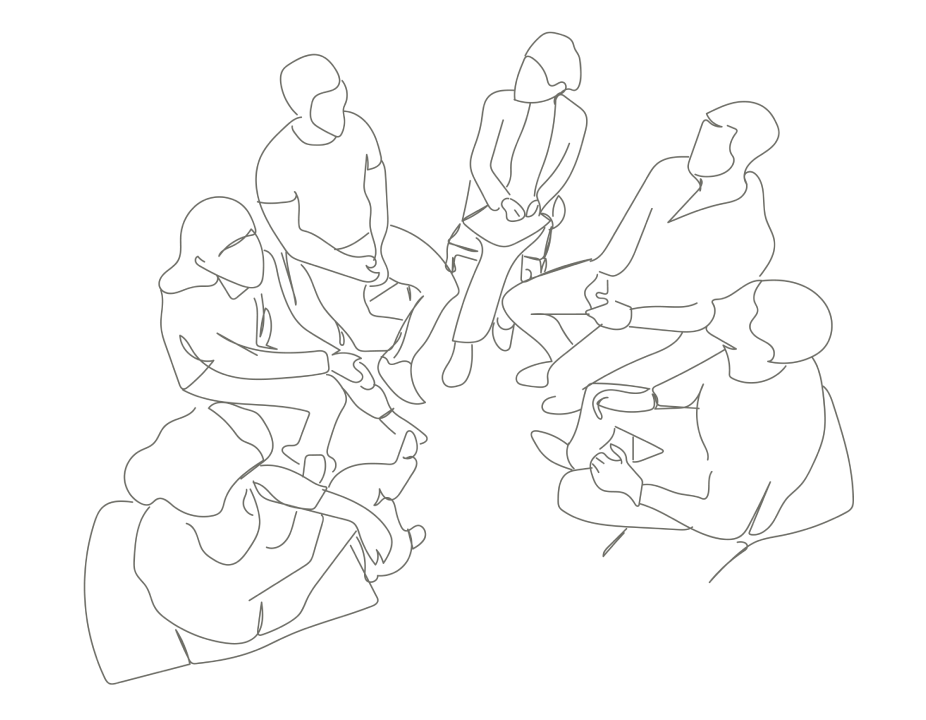 A line drawing that depicts people sitting in a circle at a support group.