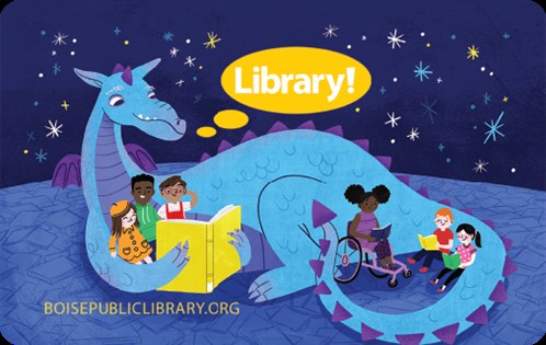 Library card artwork option by Julia Green, dragon reading to diverse group of children