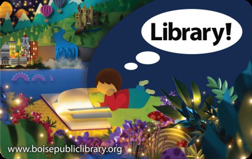 Library Card artwork option, child reading book, with paper scenes emerging from the book
